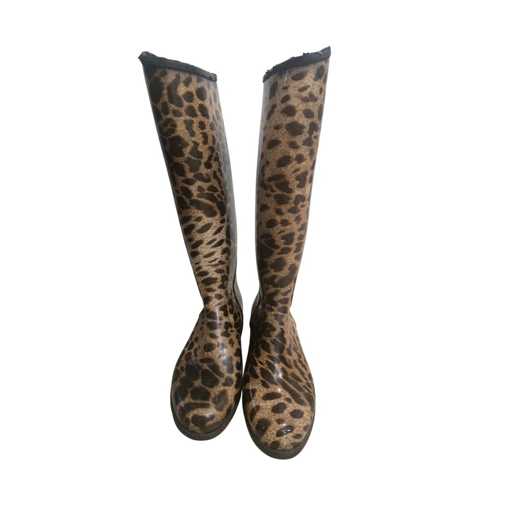 Dav Leopard Print Rain Boots Womens Size 7 Waterproof Glossy Cheetah Tall Boots